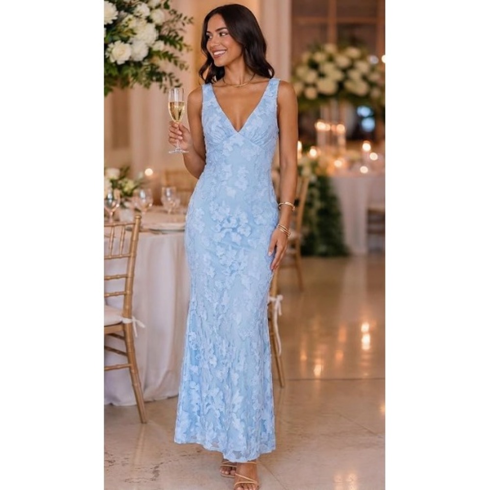 Light Blue Floral Textured V-Neck Sleeveless Maxi Dress Size Small